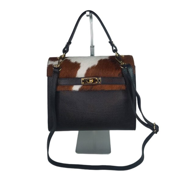 Genuine Charlie Leather "Bellezza" Black with Brown & White Fur Handbag–NWT - Picture 12 of 14